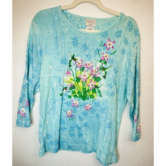 Vtg Y2K Morning Sun Size Large Humming Bird Jeweled Floral Long Sleeve - Picture 2 of 6